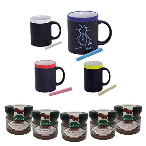 Deliex delicias de Extremadura Lote Tazas Pizarra Cerámica Colores Variados con Tiza, Pinturas para Dibujar Niños en Bodas, Bautizos y Comuniones (25 ud) Incluye 5 Crema Cacao