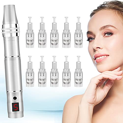 Derma Pen Eléctrico con Microagujas, Cicatrices de Acné, Antienvejecimiento, Arrugas, Estrías, Pérdida de Cabello, 0 mm-2,5 mm Ajustable con Pantalla LCD de 10 Cartuchos (Plata)