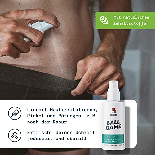 Desodorante íntimo en spray para hombre 'Ball Game' – Desodorante para el cuidado íntimo after shave para frescor y contra los olores en la zona íntima, 50ml, de Groomed Rooster – MADE IN GERMANY