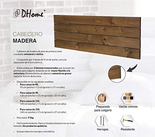 DHOME Cabecero de Madera Maciza de Pino para Pared Estilo Palet Cabezal Dormitorio Cama Palets Herrajes incluidos (145x37 Palet 4, Castaño Rústico)