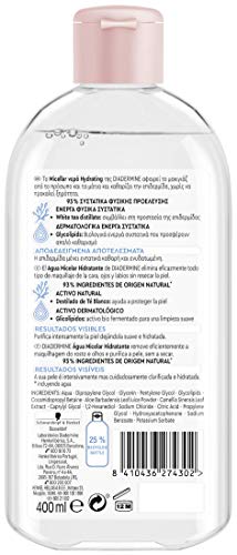 Diadermine - Agua Micelar Hidratante, 400 ml, fórmula con Aloe Vera, elimina suavemente el maquillaje de cara y ojos, piel limpia, purificada e hidratada