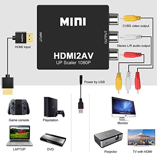 DIGITNOW! HDMI a AV 3 RCA CVBS Compuesto Adaptador Convertidor Conversor de Video y Audio de señal Mini 1080P con Cable de Carga USB ,Compatible para PC/Laptop/Xbox / PS4 / PS3 / TV/VCR Cámara DVD