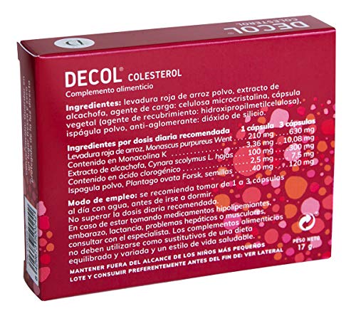 DIMEFAR - Decol - Complemento Alimenticio Natural para Colesterol - Levadura Roja de Arroz + Alcachofa + Ispágula, 30 Cápsulas | Complemento Alimenticio Contra Colesterol | Regula Colesterol