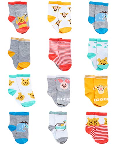 Disney Baby Boys Mickey Mouse Character Designs Socks 12 Pack (Newborn/Infant), Size Age 0-6M, Pooh/Tiger/Pig/Egor