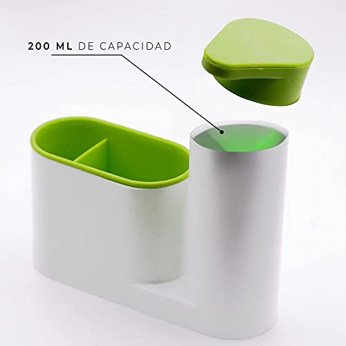 Dispensador de jabón con Compartimento para Estropajo, dosificador con depósito, 200ml de Capacidad, Organizador de Cocina de abs para Estropajo de Cocina y baño, Recargable, Lavable, Reutilizable