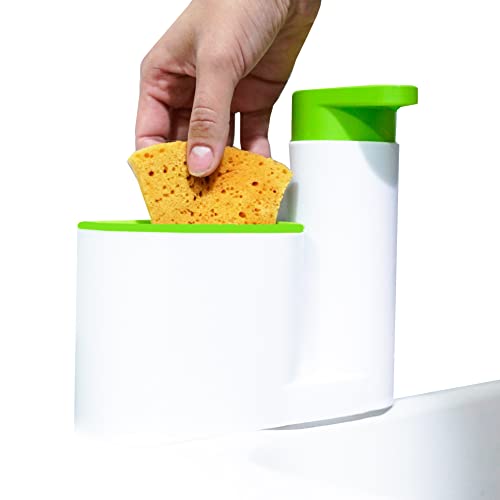 Dispensador de jabón con Compartimento para Estropajo, dosificador con depósito, 200ml de Capacidad, Organizador de Cocina de abs para Estropajo de Cocina y baño, Recargable, Lavable, Reutilizable