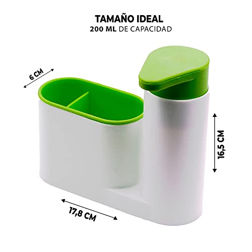 Dispensador de jabón con Compartimento para Estropajo, dosificador con depósito, 200ml de Capacidad, Organizador de Cocina de abs para Estropajo de Cocina y baño, Recargable, Lavable, Reutilizable