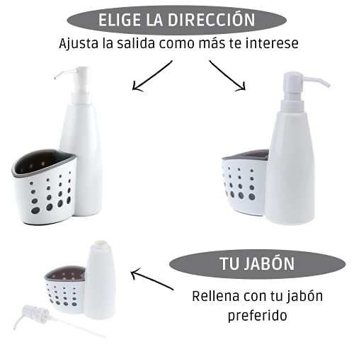 Dispensador de jabón líquido para Cocina y baño Recargable con Soporte para Estropajo|Dosificador de jabón Blanco Perla para Cocina portaestropajos Incluido