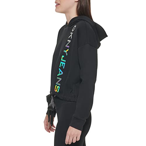 DKNY Cropped Hologram Logo Hoodie Sudadera con Capucha, Negro, L para Mujer