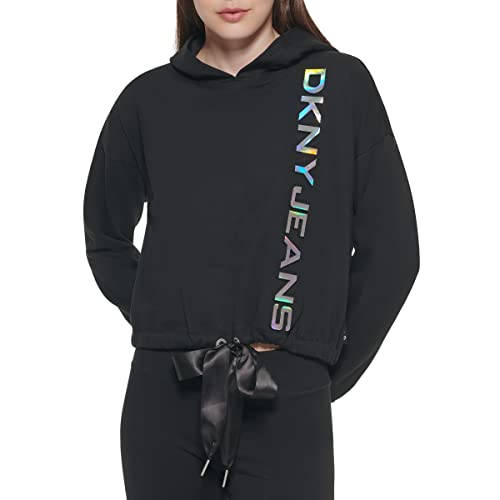 DKNY Cropped Hologram Logo Hoodie Sudadera con Capucha, Negro, L para Mujer