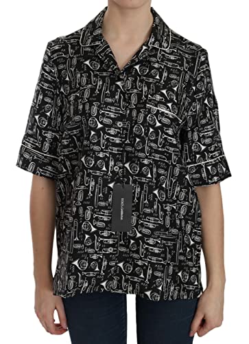 Dolce & Gabbana - - All - Black Musical Instrument Print Silk Top - IT44|L