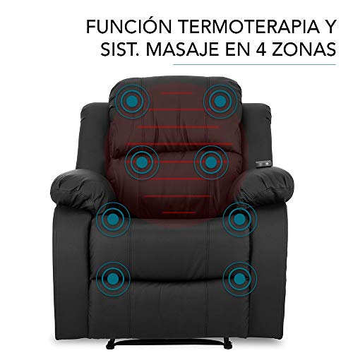 Don Descanso - Sillón Masaje Relax Calor Trevi Negro Reclinable 160º con 8 Motores Silenciosos, Calor Lumbar, Sist. Masaje 4 Zonas y Acabado en PU Anti-Cuarteo [Incluye Mando]. Ideal Gente Mayor