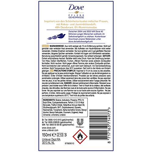 Dove – Espray regenerador de coco y flores de jazmín, 6 unidades (150 ml).
