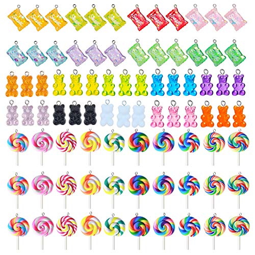 DTMEFJ 84 Tipos de Colgantes de Caramelo de Colores, Incluidos 30 Colgantes de Caramelo de Oso, 24 Colgantes de Caramelo Dulce y 30 Colgantes de Piruleta Para Pendientes, Pulseras, Joyas y Colgantes