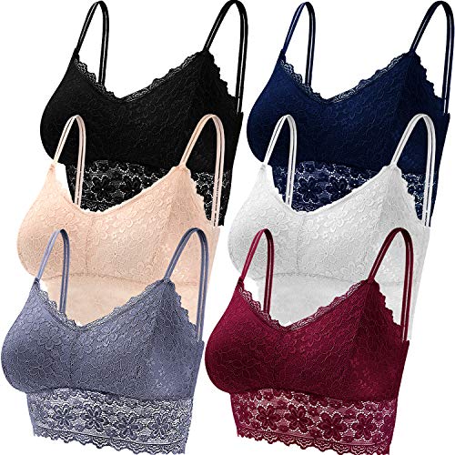 Duufin 6 Piezas Sujetador de Encaje Tipo Bralette para Mujer, 6 Colores (Negro, Beige, Blanco, Azul Marino, Gris y Burdeos, M)