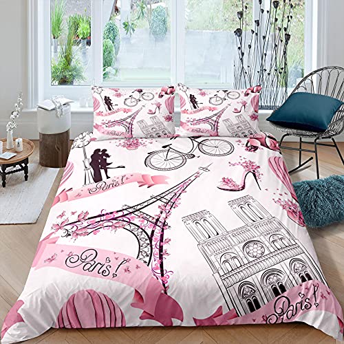 Duvet Cover Double 79x79 Inch and 2 Pillowcases 19x29 Inch,3D Pink Paris Tower Printed Soft Microfiber Bedding,Anti-Allergic with Zipper Duvet Cover,for Kids Teen Aldult