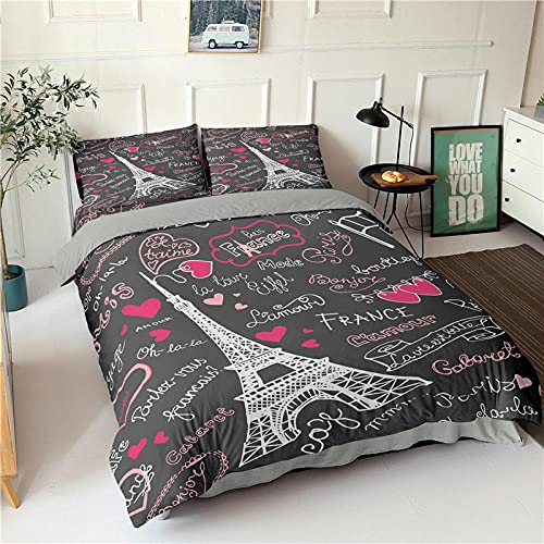 Duvet Cover Set 87x94 Inch,3D White Paris Tower Print Microfiber Bedding Sets Soft Bedding with 2 Pillowcase,with Hidden Zipper,For Adults Teenager Kids Hypoallergenic