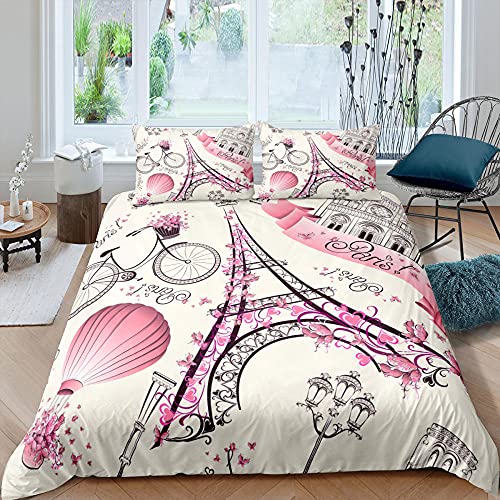 Duvet Cover Single 53x79 Inch and 2 Pillowcases 19x29 Inch,3D Pink Paris Tower Printed Soft Microfiber Bedding,Anti-Allergic with Zipper Duvet Cover,for Kids Teen Aldult