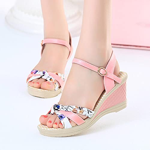 DZQQ Verano Cuñas Sandalias Estampado de Flores Tacones Altos Sandalia Mujer Roma Sandalias de Plataforma Sandalias con Punta Abierta