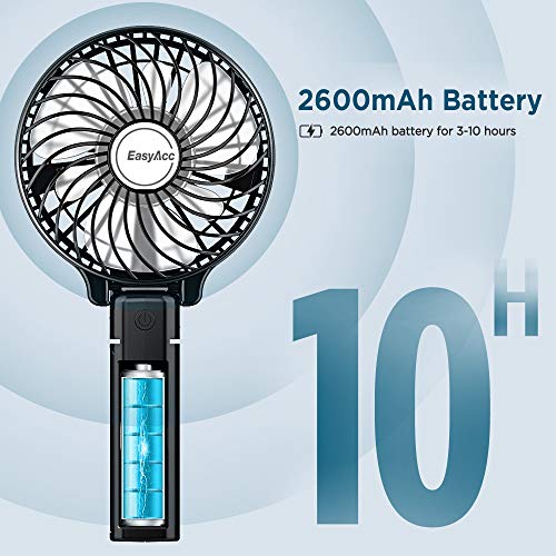 EasyAcc Ventilador USB Mini Recargable Ventiladores de Mano Portátil 3-10 Horas de Uso con Asa Plegable para Hogar y Viaje, Negro