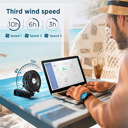 EasyAcc Ventilador USB Mini Recargable Ventiladores de Mano Portátil 3-10 Horas de Uso con Asa Plegable para Hogar y Viaje, Negro