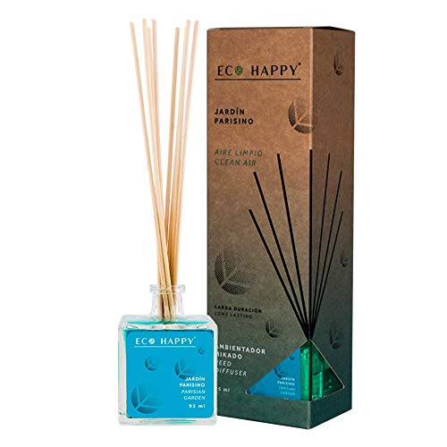 ECO HAPPY Ambientador Mikado jardín Parisino, con aceites Esenciales de Rosa, jazmín y Lavanda. 95ml. Fragancia Duradera y Relajante. para Hogar, Oficina o Negocio.