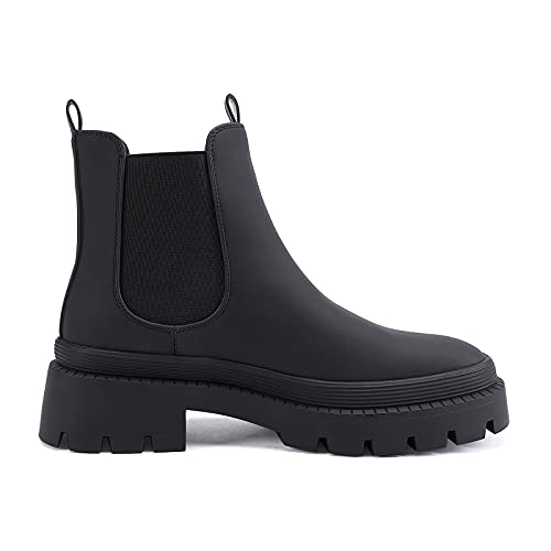 EETTARO Botas Chelsea para mujer con tacón bajo y elástico para mujer, negro PU, 41 EU