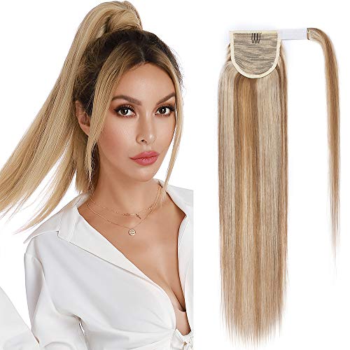 Elailite Coleta Postiza Pelo Natural Clip Extensiones 100% Remy Largas Cabello Humano Cola de Caballo 45cm #12P613 Castaño Dorado Balayage Rubio Muy Claro