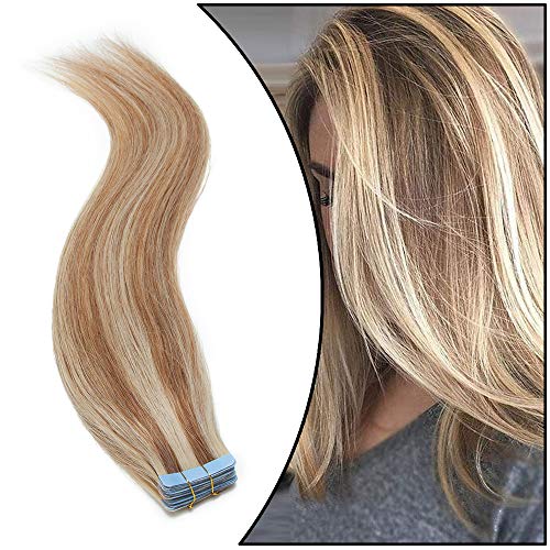 Elailite Extensiones Adhesivas Pelo Natural 20 Mechas Tape in Cabello Humano Liso Largas 100% Remy sin Clip 40cm (Paquete de 50g) #12P613 Castaño Dorado Balayage Rubio Muy Claro