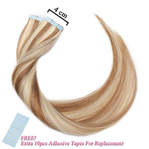 Elailite Extensiones Adhesivas Pelo Natural 20 Mechas Tape in Cabello Humano Liso Largas 100% Remy sin Clip 40cm (Paquete de 50g) #12P613 Castaño Dorado Balayage Rubio Muy Claro