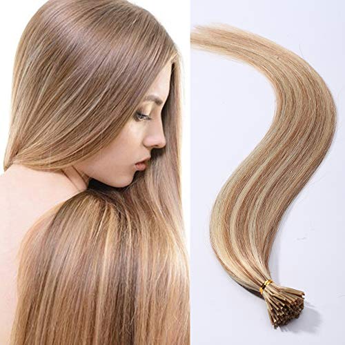 Elailite Extensiones de Queratina Pelo Natural I Tip Keratina 100% Remy Cabello Humano Balayage sin Clip 100 Mechas 50g 55cm #12P613 Castaño Dorado/Rubio Muy Claro