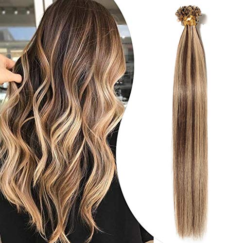 Elailite Extensiones Pelo Natural Queratina 1g Remy Cabello Humano sin Clip U Tip Keratina 50 Mechas 50g - 40cm #4P27 Marrón Medio Balayage Rubio Oscuro