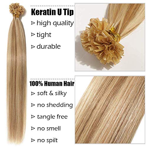 Elailite Extensiones Queratina 1g Pelo Natural 100% Remy Cabello Humano sin Clip U Tip Keratina 50 Mechas 50g - 40cm #12P613 Castaño Dorado Balayage Rubio Muy Claro