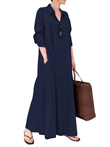 Eledobby Vestido de Blusa de Mujer con Bolsillos Escote en V Manga Larga Botones Holgados Vestido Largo Mujer Vestidos de Camisa Casual Túnica Ropa de Salón Primavera Otoño Ropa Azul Marino S