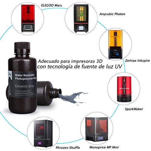 ELEGOO Lavable con Agua Impresora 3D Resina rápida para Impresora 3D LCD Resina de Curado UV Resina de Fotopolímero Estándar de 405 nm para Impresión LCD 3D 500Gram Gris Arcilla