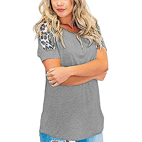 Elesoon Camiseta de verano para mujer con estampado de leopardo liso liso y patchwork raglán de manga corta, A-gris claro, 38