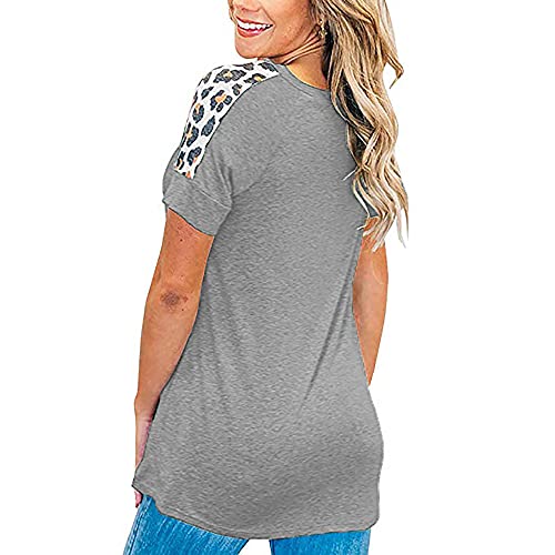 Elesoon Camiseta de verano para mujer con estampado de leopardo liso liso y patchwork raglán de manga corta, A-gris claro, 38