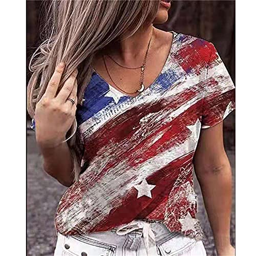 Elesoon Camiseta de verano para mujer, talla grande, diseño floral de la bandera de EE. UU, A-red Flag, 42