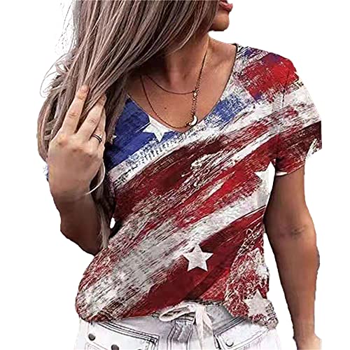 Elesoon Camiseta de verano para mujer, talla grande, diseño floral de la bandera de EE. UU, A-red Flag, 42