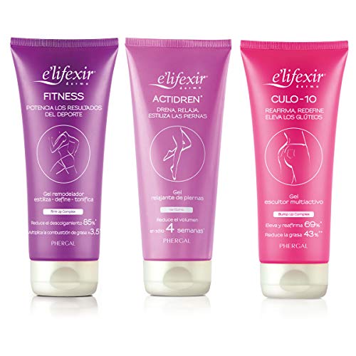 Elifexir - Fitness + Actidren + Culo 10 | Gel Remoldeador + Relajante Piernas + Crema Reafirmante Glúteos | Piernas Perfectas - 200 ml + 200 ml+ 200 ml