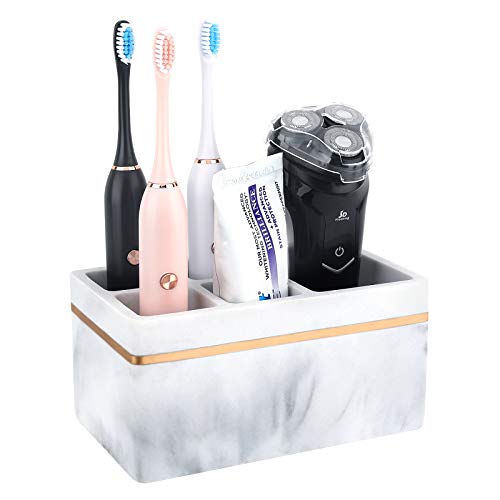 Emibele Soporte de Cepillos Dientes, Portacepillo Resina Estable 5 Ranuras Orificio Drenaje Cepillo Eléctrico Pasta Dientes Brocha Maquillaje Maquinilla Afeitar para Baño Tocador Lavabo, Blanco