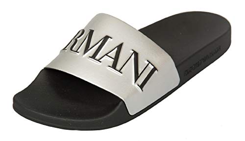 Emporio Armani Zapatillas de hombre plastic shoes beachwear artículo X4PS04 XM291 SLIPPER PU METAL made in Italy, M598 Black + silver + black, EU 42 - UK 8 - USA 8,5 - CN 269/92