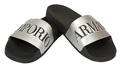 Emporio Armani Zapatillas de hombre plastic shoes beachwear artículo X4PS04 XM291 SLIPPER PU METAL made in Italy, M598 Black + silver + black, EU 42 - UK 8 - USA 8,5 - CN 269/92
