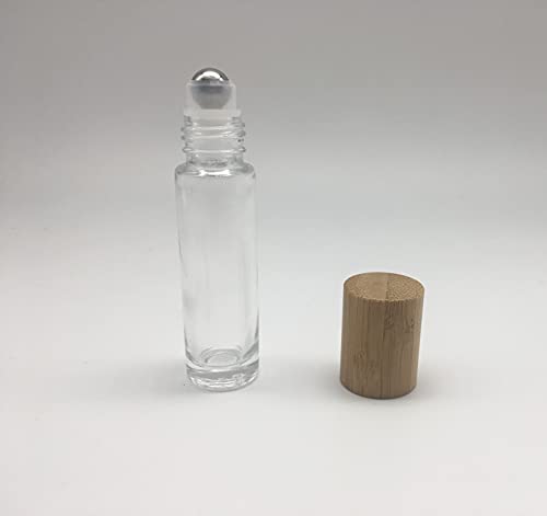 Envase roll on rellenable -Bote aceites esenciales- Botellas roll on de vidrio transparente- con tapa de bambú-Botellitas de cristal -5 Unidades -Roll on 10ml