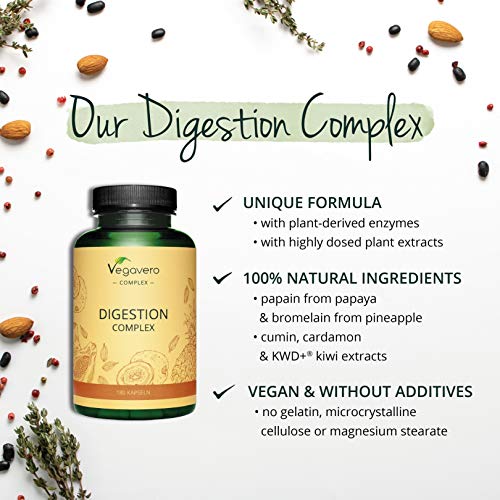Enzimas Digestivas Vegavero® | 100% Natural | Suplemento para Digestión | Papaína & Bromelina con extractos de Cardamomo, Kiwi y Comino | 180 Cápsulas | Apto para Veganos