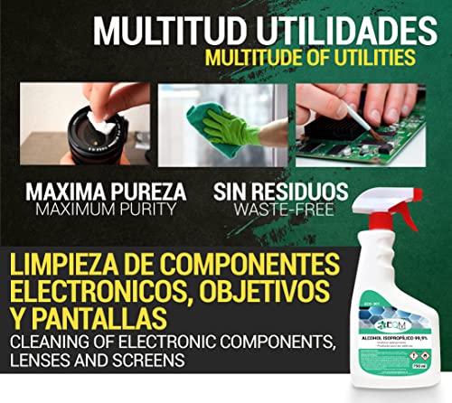 EQM SOLUCIONES QUÍMICAS | ECO-301 | Alcohol Isopropílico 99,9% Pureza | 750 ml | Limpieza componentes electrónicos, objetivos y pantallas | Desinfección y limpieza de superficies