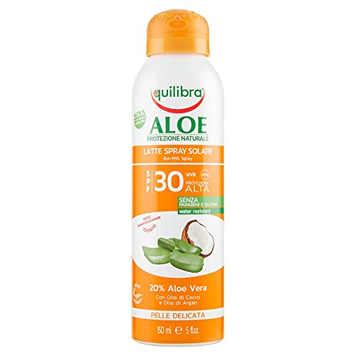 Equilibra Protector Solar, Spray Leche Solar Spf 30 con Aloe Vera, Aceite de Coco y de Argán y Vitamina E, Protege de las Quemaduras Solares para un Bronceado Saludable, Resistente al Agua, 150 ml