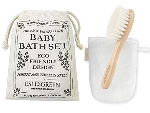 ESLESGREEN Set de cepillo y manopla de baño para bebé con neceser- Cepillo de madera y cerdas suaves de cabra - Manopla de baño tela de bambú orgánico - Neceser algodón natural - Regalo recién nacido