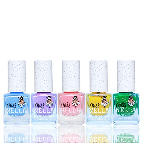 Esmalte de uñas para niños, Miss Nella Springs It On, Lote de 5 Barnices - Azul-campana, Lila-alas de mariposa, Rosa-conejito, Amarillo-miel, Verde-besa la rana.