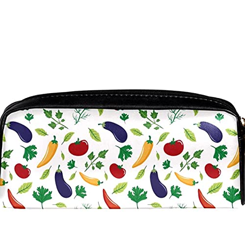 Estuche de piel para lápices de cosméticos, bolsa de artículos de tocador, bolso de mano, organizador de papelería, con correa de mano, verduras, berenjena, tomate, pimienta picante, hojas